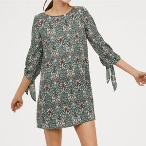 H&M X Morris & Co. Patterned Green Mini Dress with Tie Sleeves Floral Print